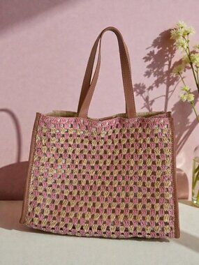 LOEFFLER RANDALL Pink Straw Woven Tote Shoulder Bag